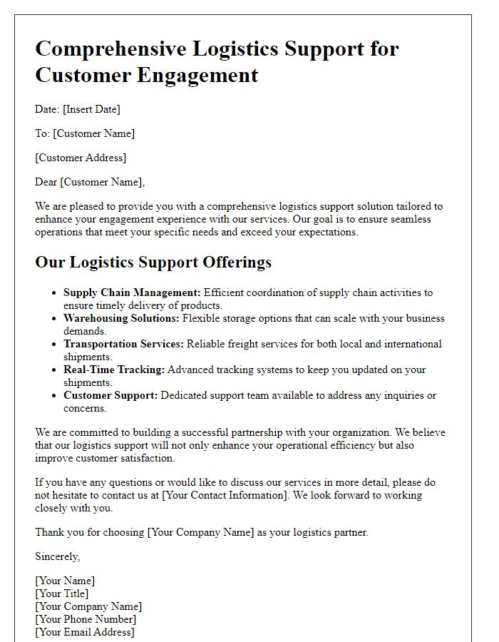 Letter template of comprehensive logistics support for customer engagement