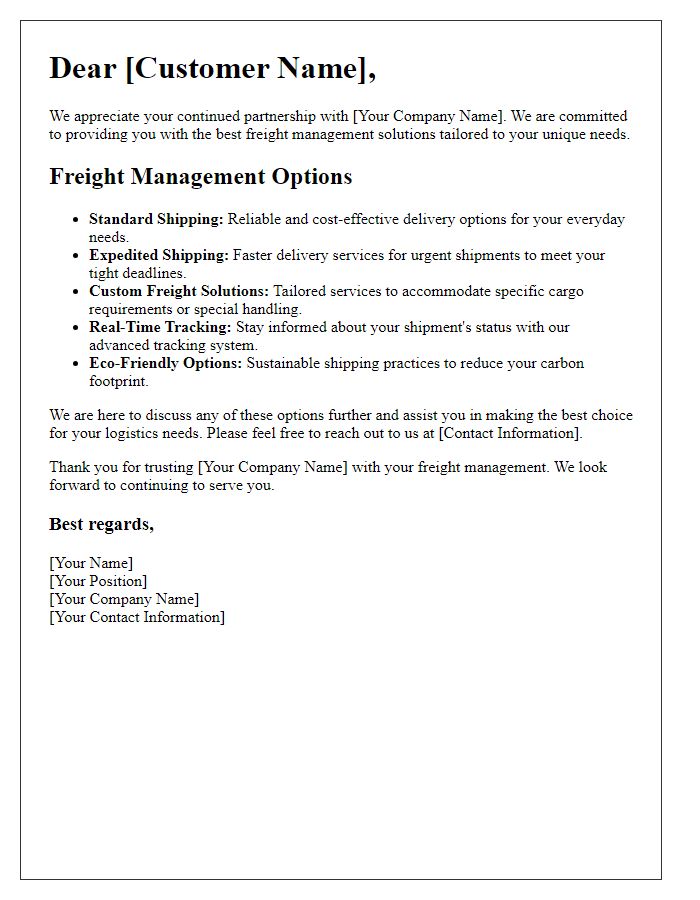 Letter template of customer-focused freight management options