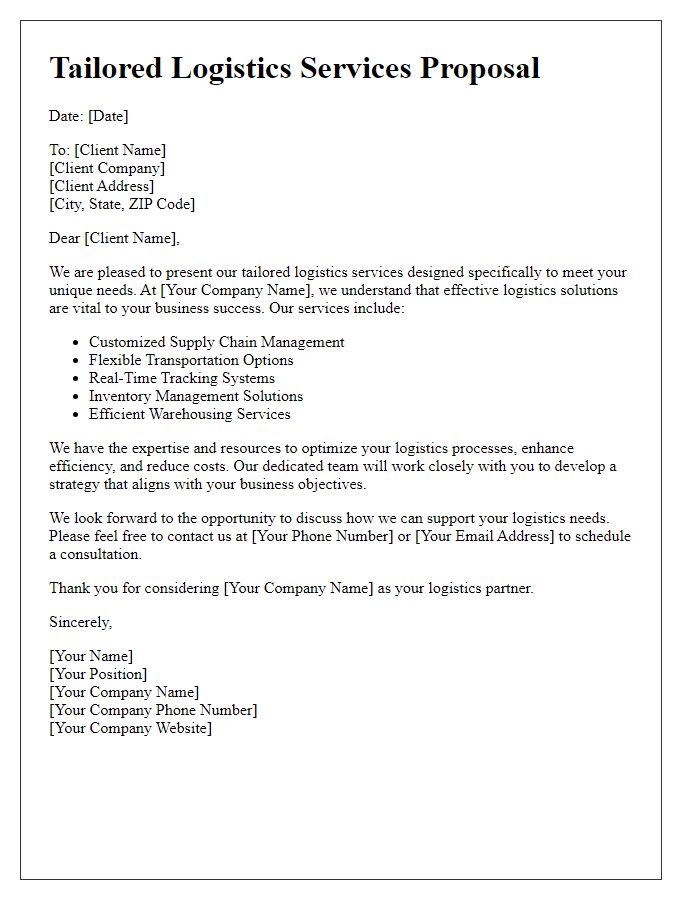 Letter template of tailored logistics services to meet client needs