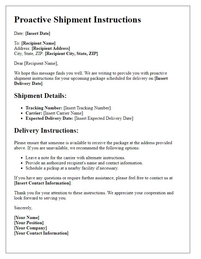 Letter template of proactive shipment instructions for recipients