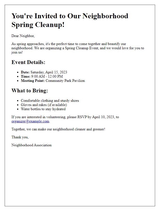 Letter template of Neighborhood Spring Cleanup Invitation