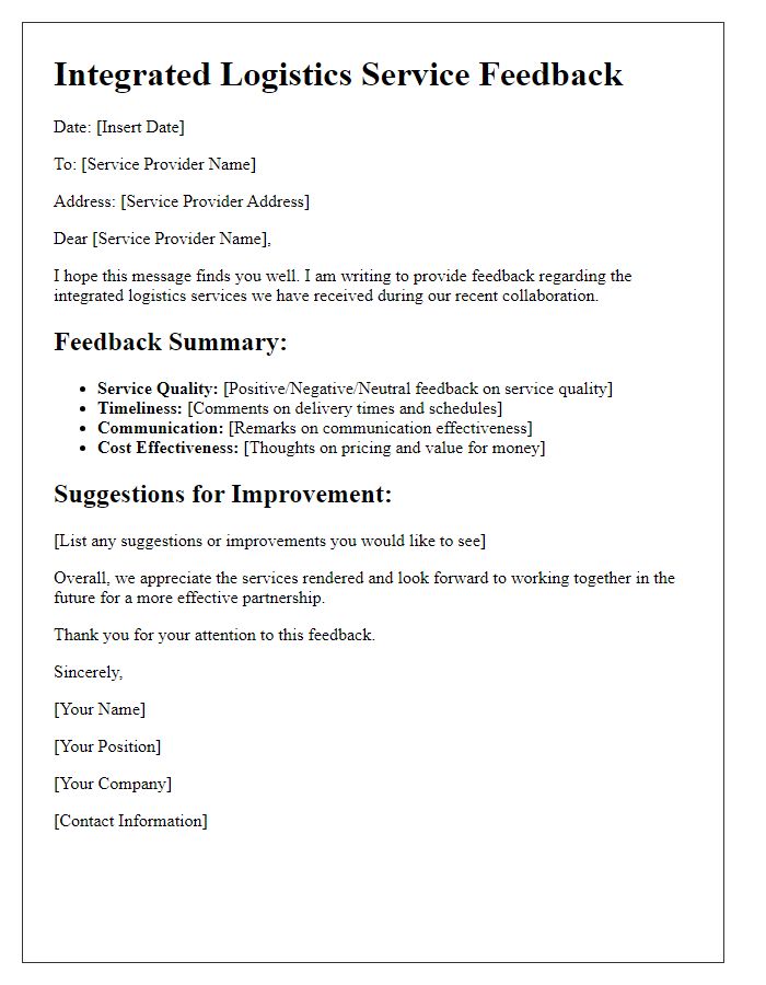 Letter template of integrated logistics service feedback