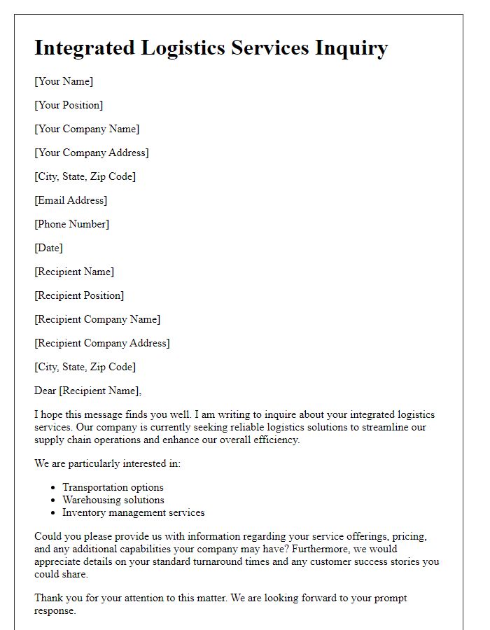 Letter template of integrated logistics services inquiry