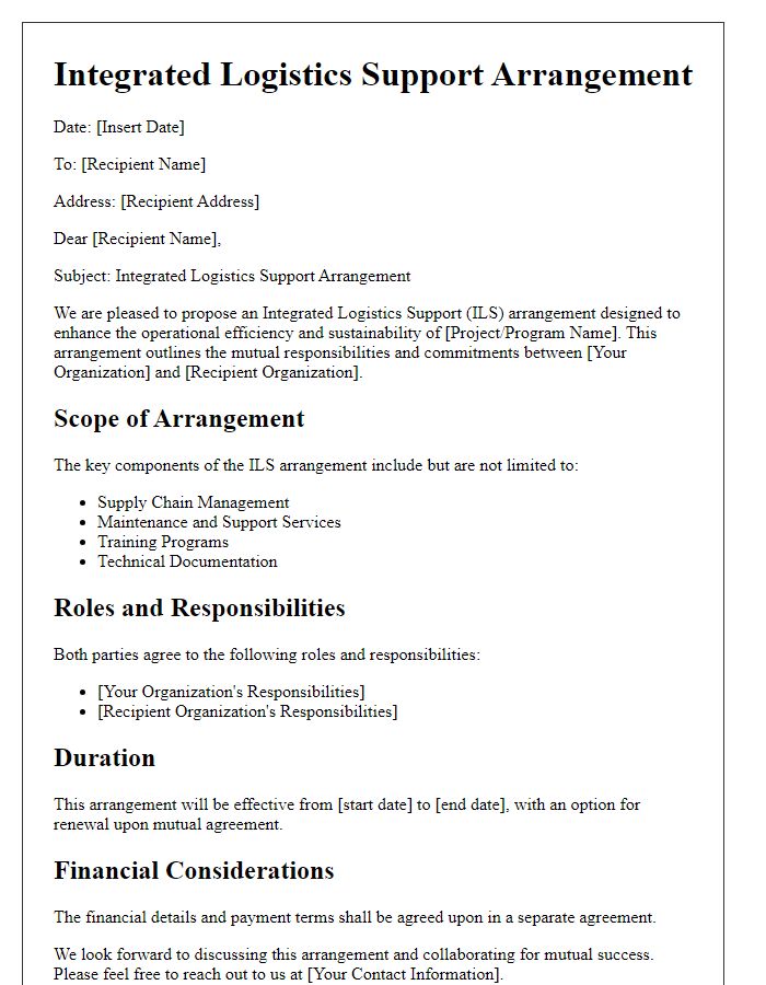 Letter template of integrated logistics support arrangement