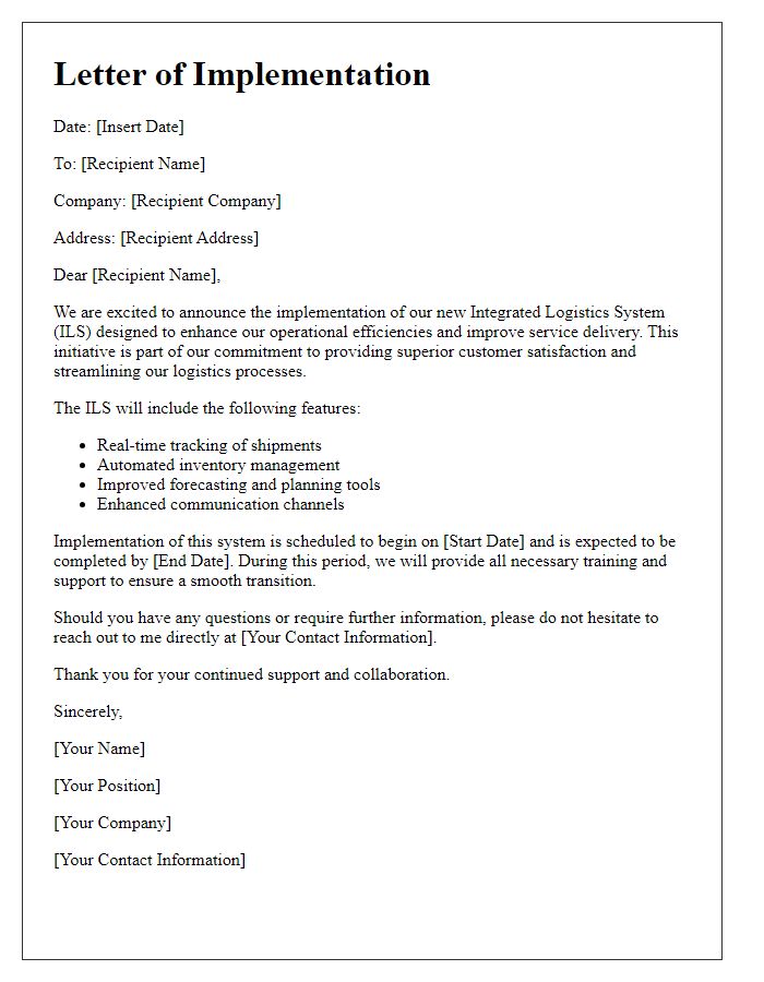 Letter template of integrated logistics system implementation