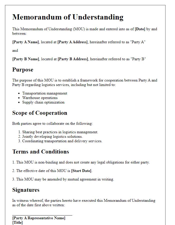 Letter template of memorandum of understanding for logistics cooperation