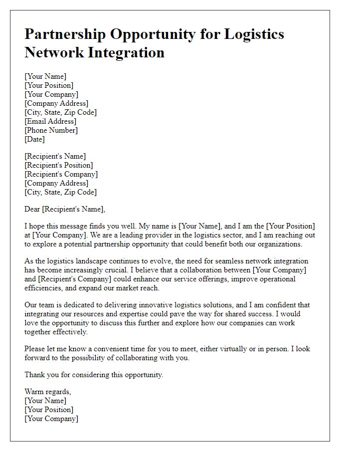 Letter template of partnership opportunity for logistics network integration