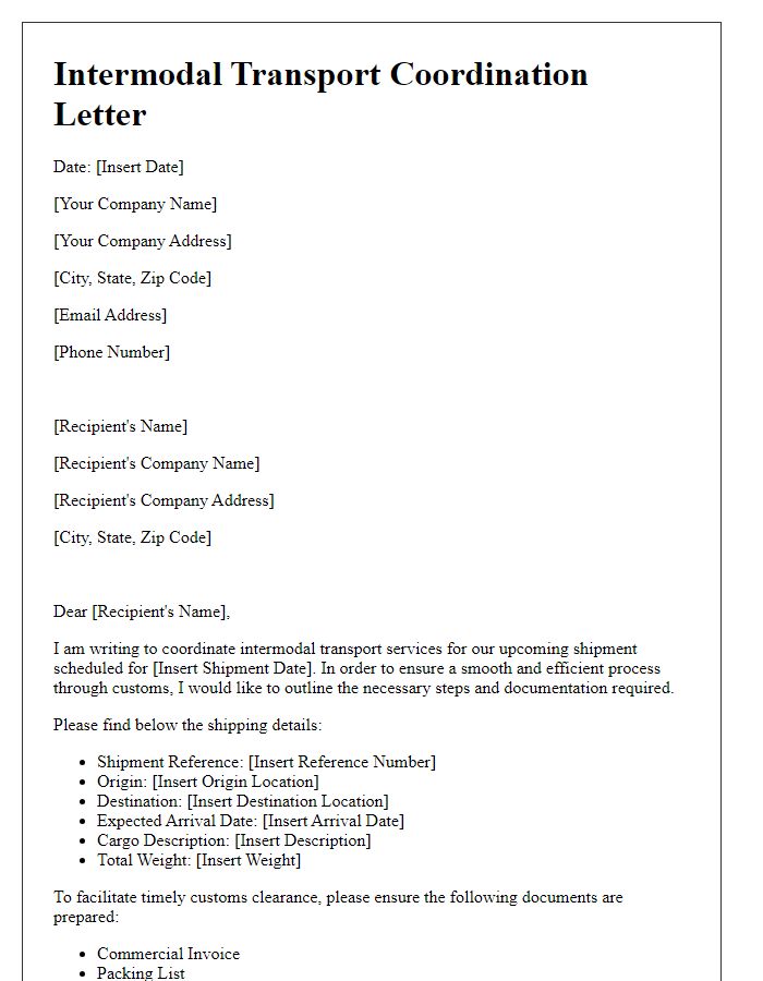 Letter template of intermodal transport coordination for customs brokers.