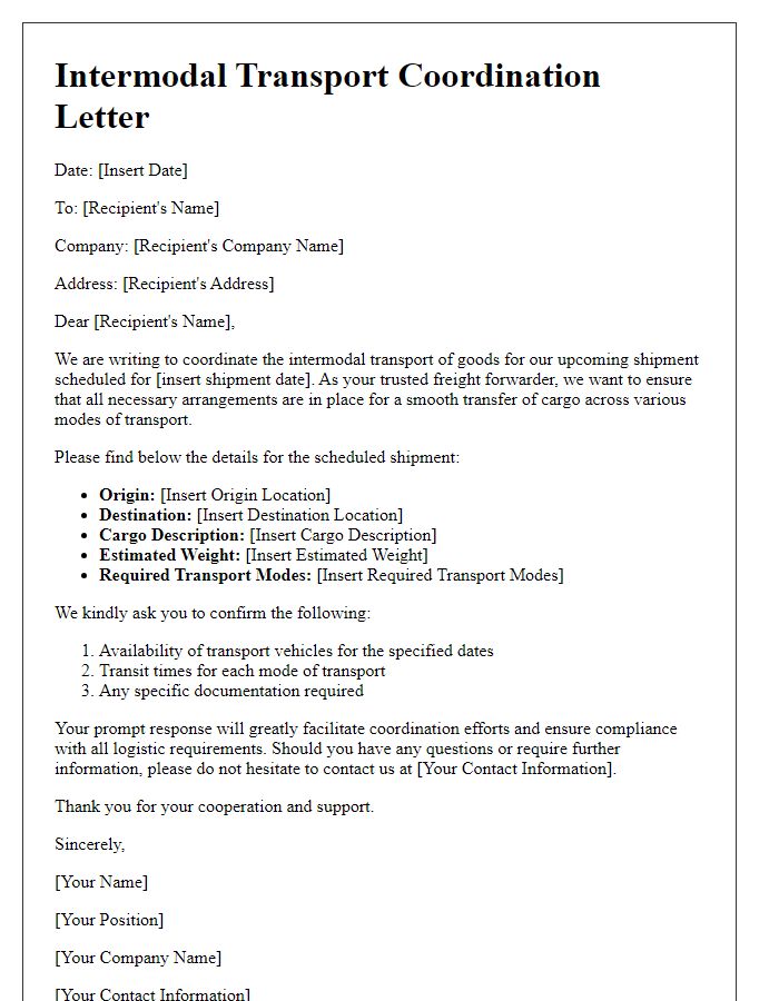 Letter template of intermodal transport coordination for freight forwarders.