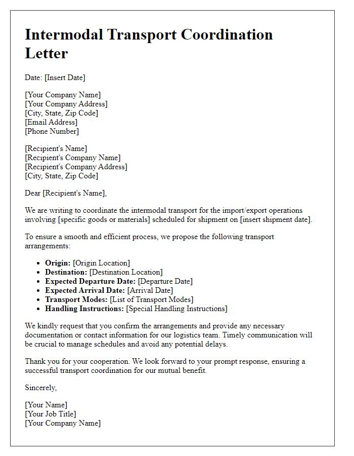 Letter template of intermodal transport coordination for import/export businesses.