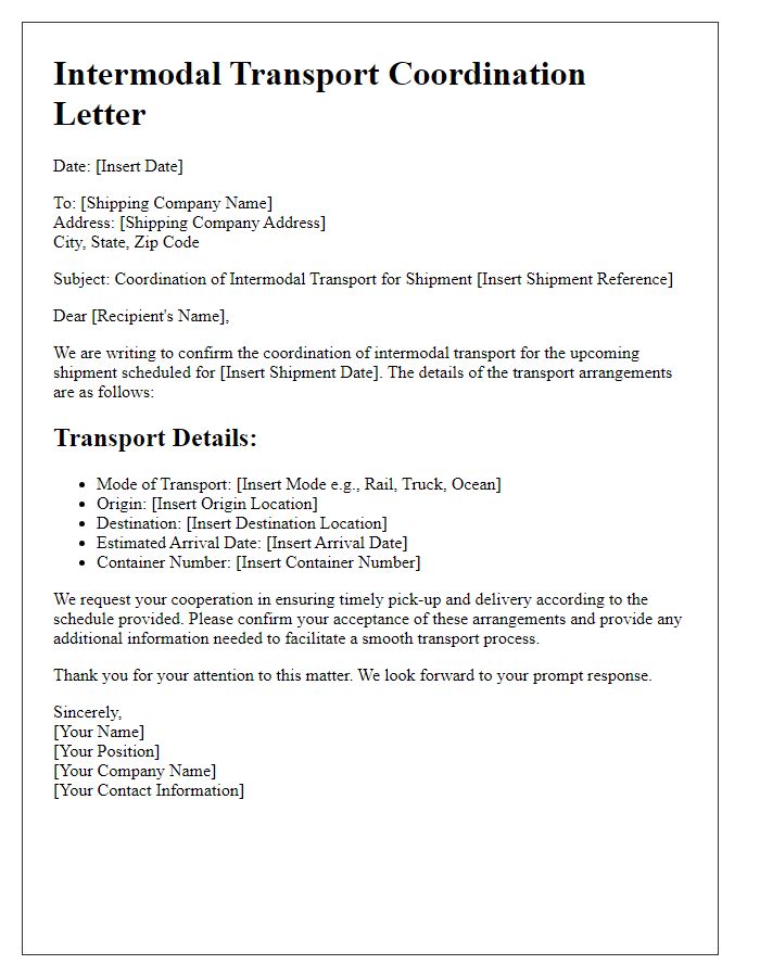 Letter template of intermodal transport coordination for shipping companies.