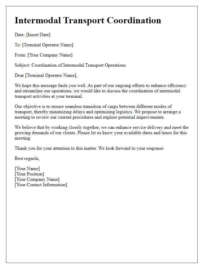 Letter template of intermodal transport coordination for terminal operators.