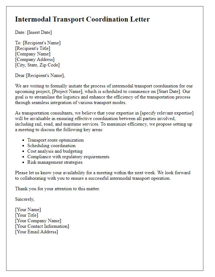 Letter template of intermodal transport coordination for transportation consultants.