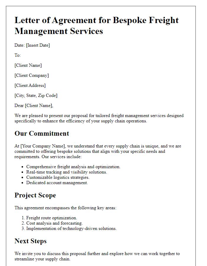 Letter template of bespoke freight management for enhanced supply chain efficiency.