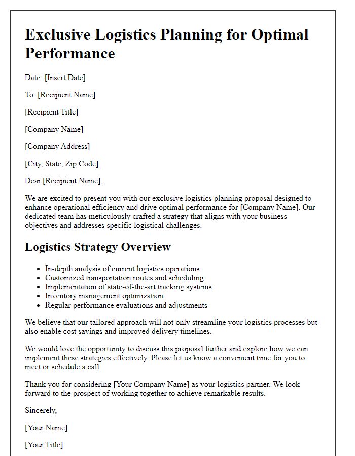 Letter template of exclusive logistics planning for optimal performance.