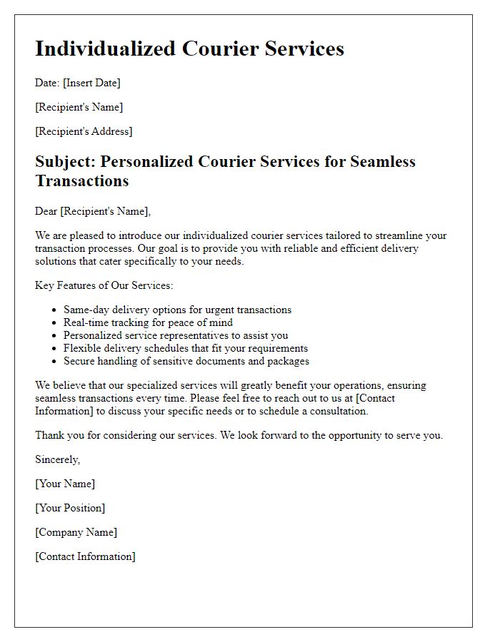 Letter template of individualized courier services for seamless transactions.