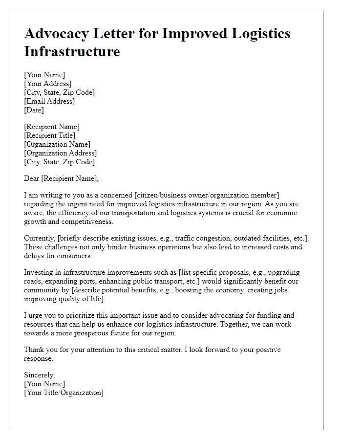 Letter template of advocacy for improved logistics infrastructure