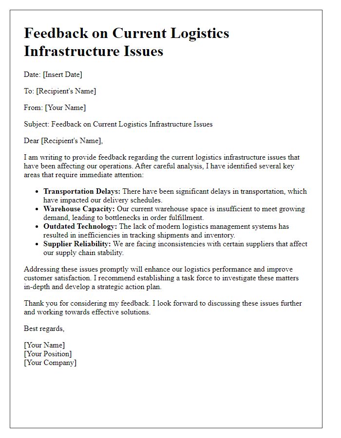 Letter template of feedback on current logistics infrastructure issues