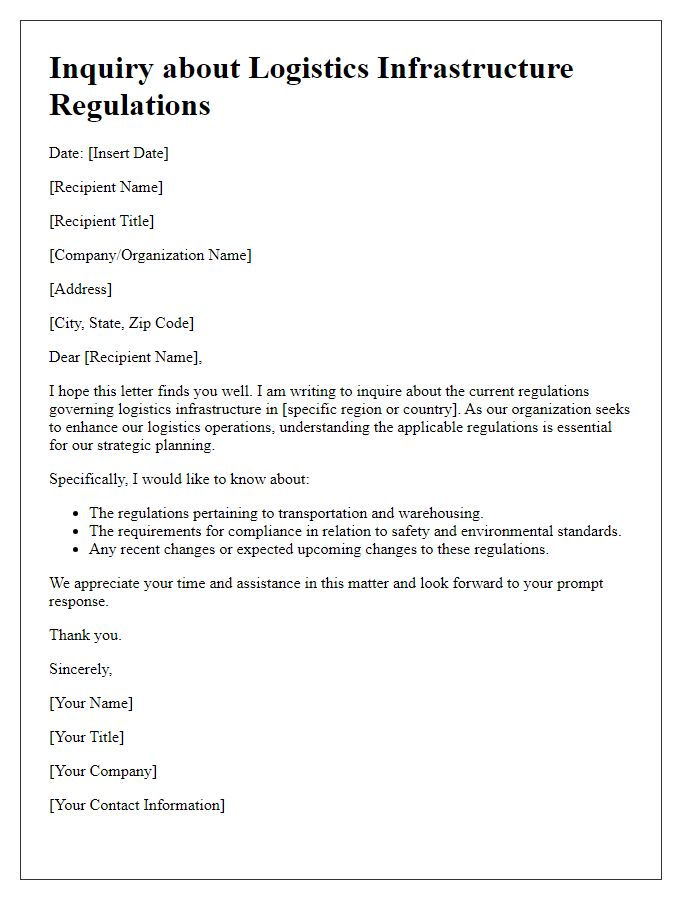 Letter template of inquiry about logistics infrastructure regulations