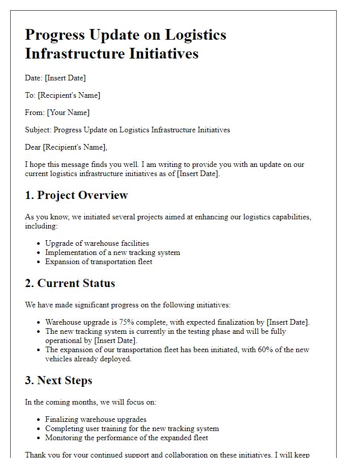 Letter template of progress update on logistics infrastructure initiatives