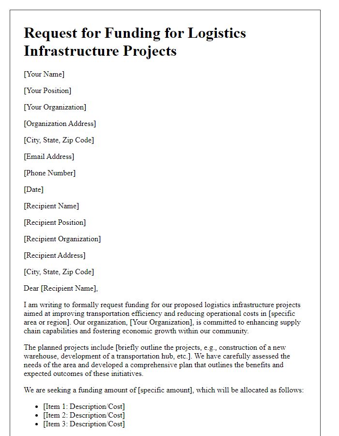 Letter template of request for funding logistics infrastructure projects