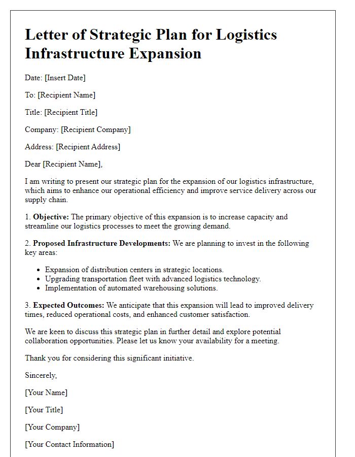 Letter template of strategic plan for logistics infrastructure expansion