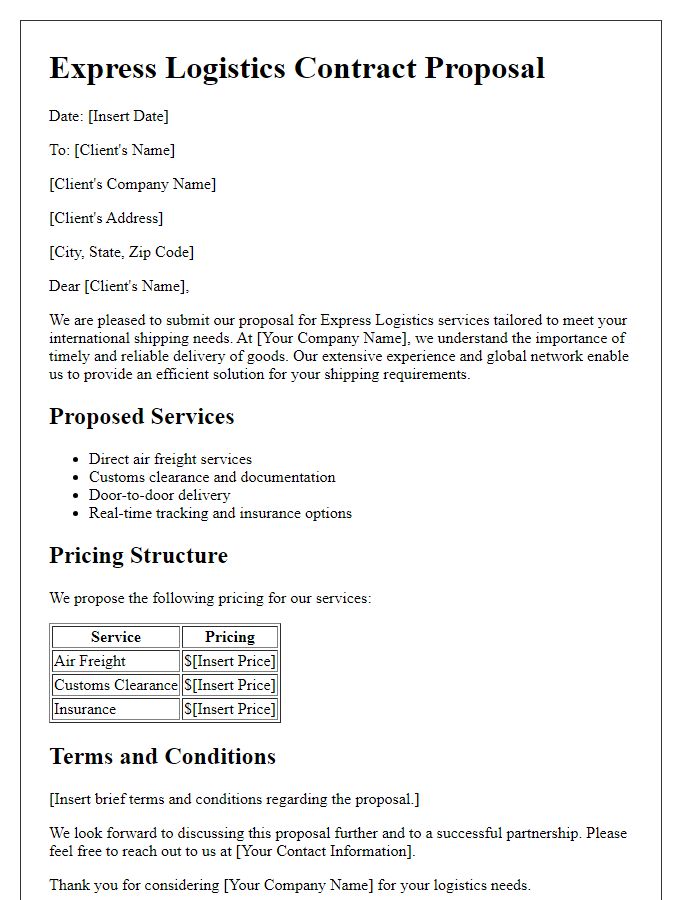 Letter template of express logistics contract proposal for international shipping.