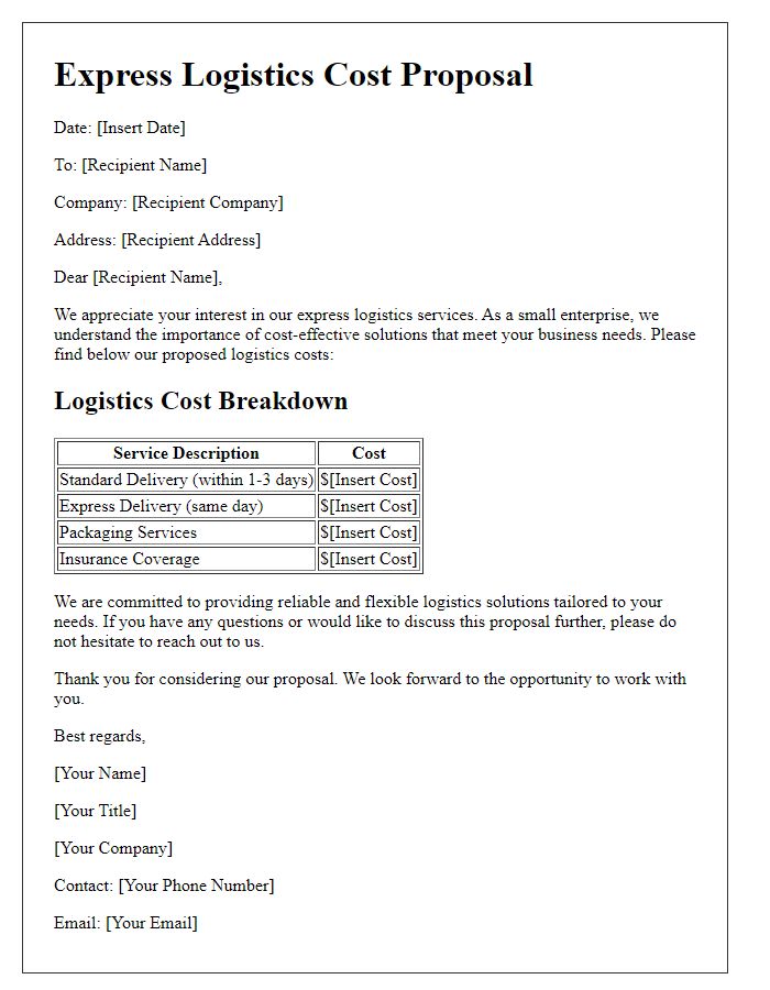 Letter template of express logistics cost proposal for small enterprises.