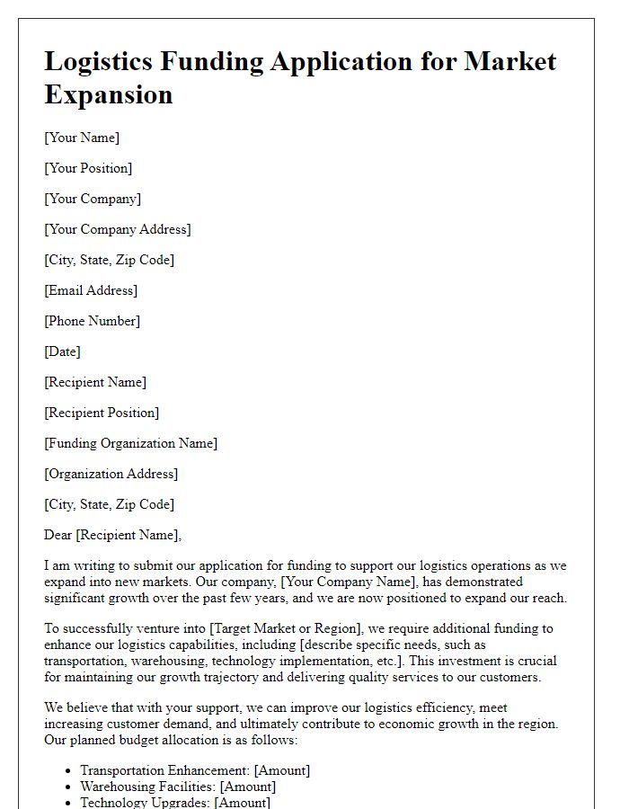 Letter template of logistics funding application for market expansion