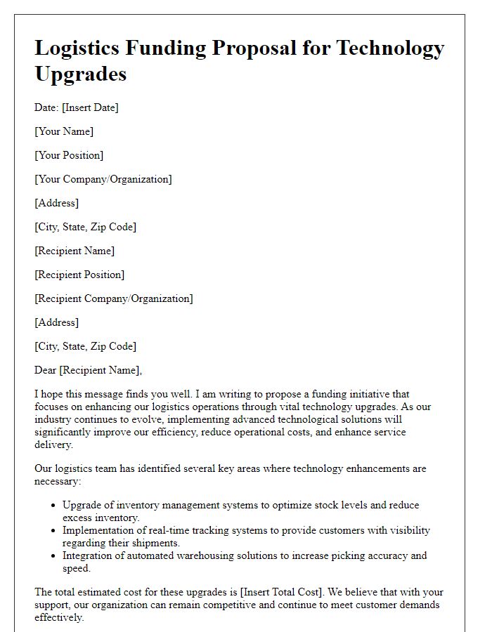 Letter template of logistics funding proposal for technology upgrades