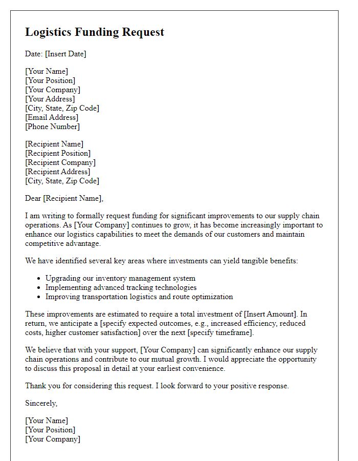 Letter template of logistics funding request for supply chain improvements