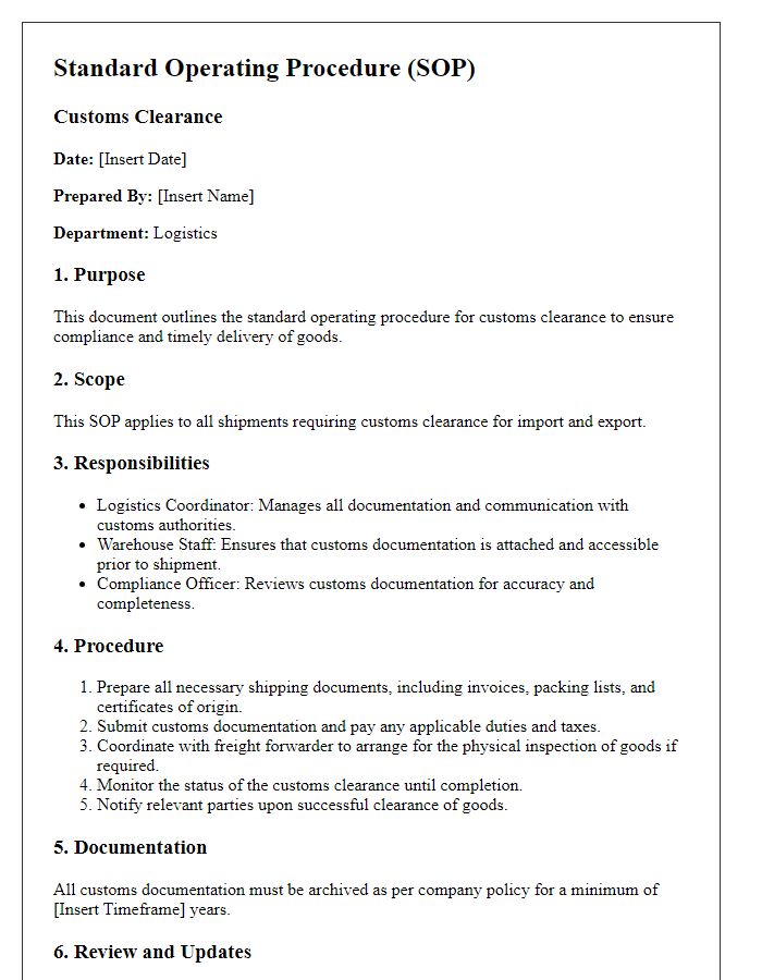 Letter template of logistics standard operating procedure for customs clearance.