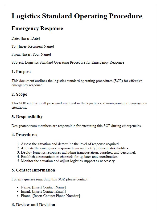 Letter template of logistics standard operating procedure for emergency response.