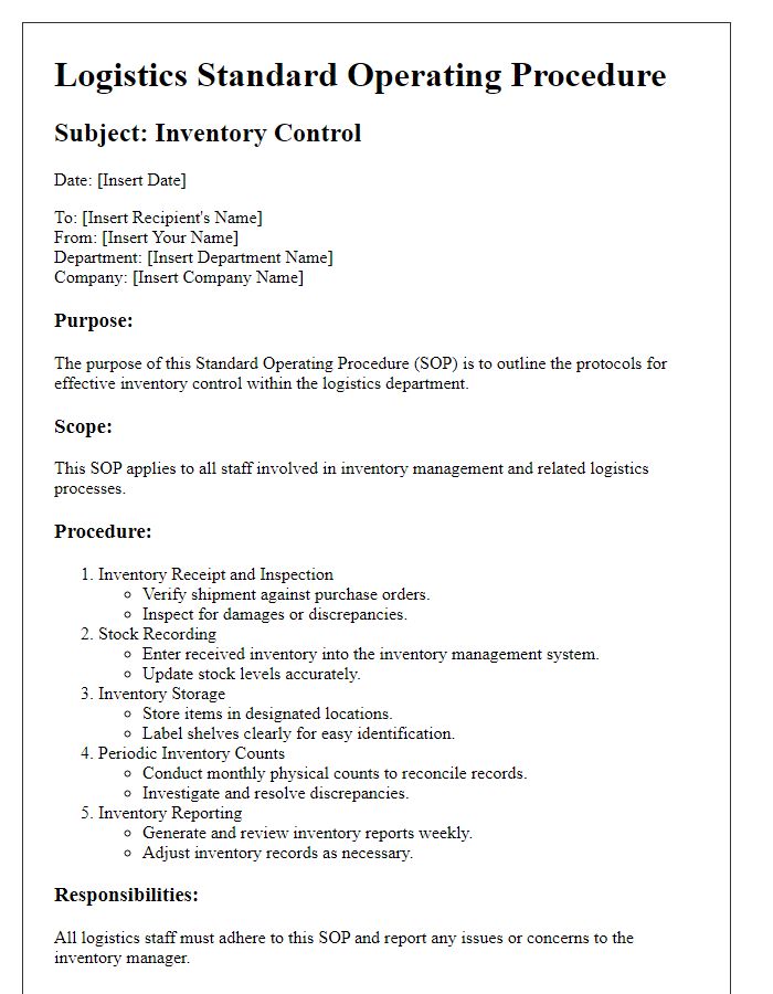 Letter template of logistics standard operating procedure for inventory control.