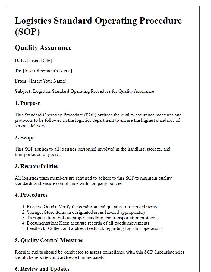 Letter template of logistics standard operating procedure for quality assurance.