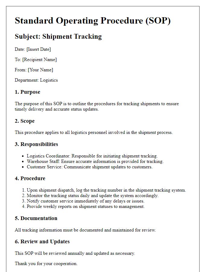 Letter template of logistics standard operating procedure for shipment tracking.