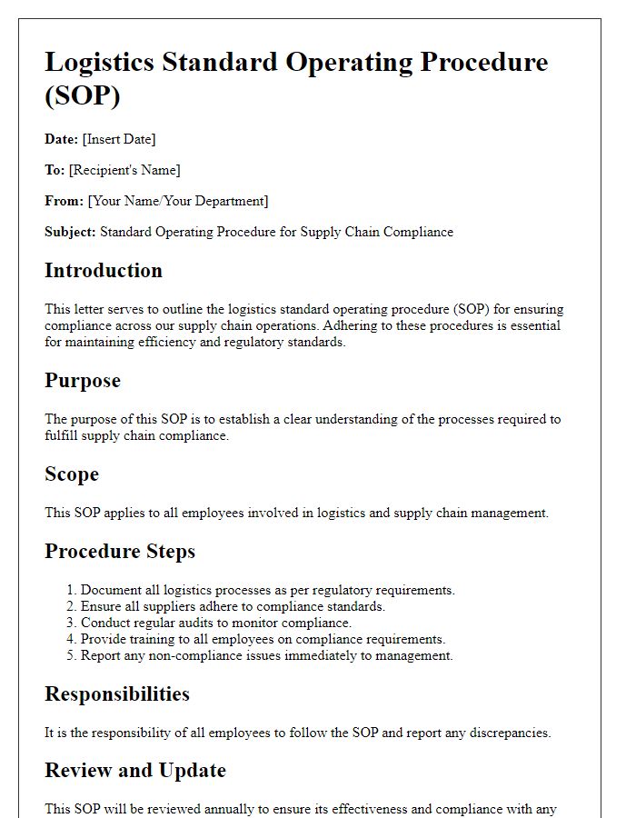 Letter template of logistics standard operating procedure for supply chain compliance.