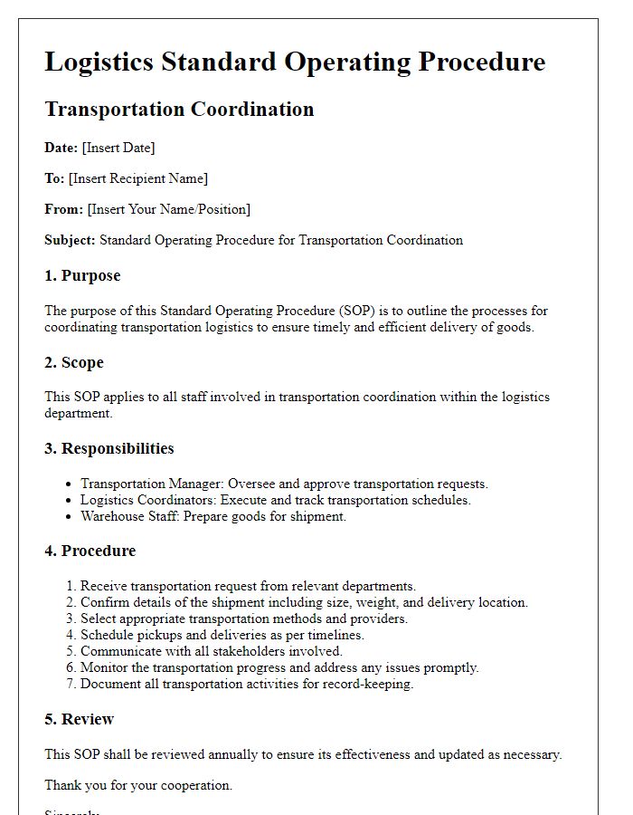 Letter template of logistics standard operating procedure for transportation coordination.