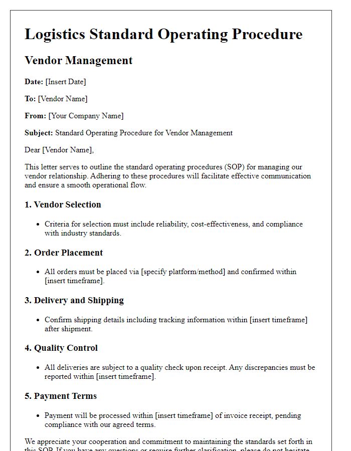 Letter template of logistics standard operating procedure for vendor management.