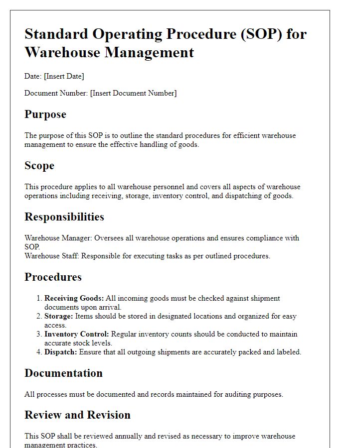 Letter template of logistics standard operating procedure for warehouse management.