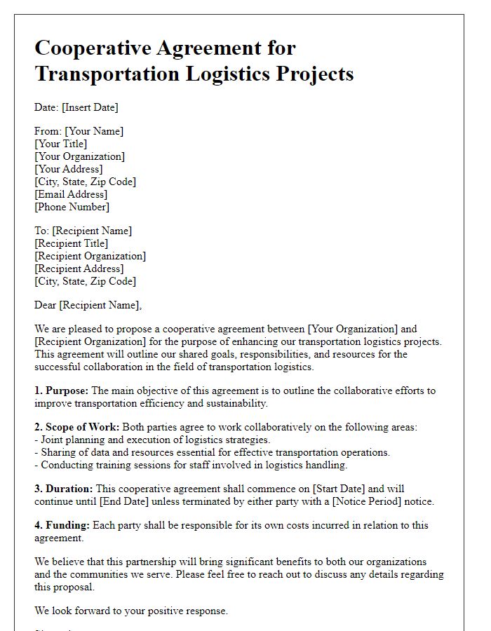 Letter template of cooperative agreement for transportation logistics projects