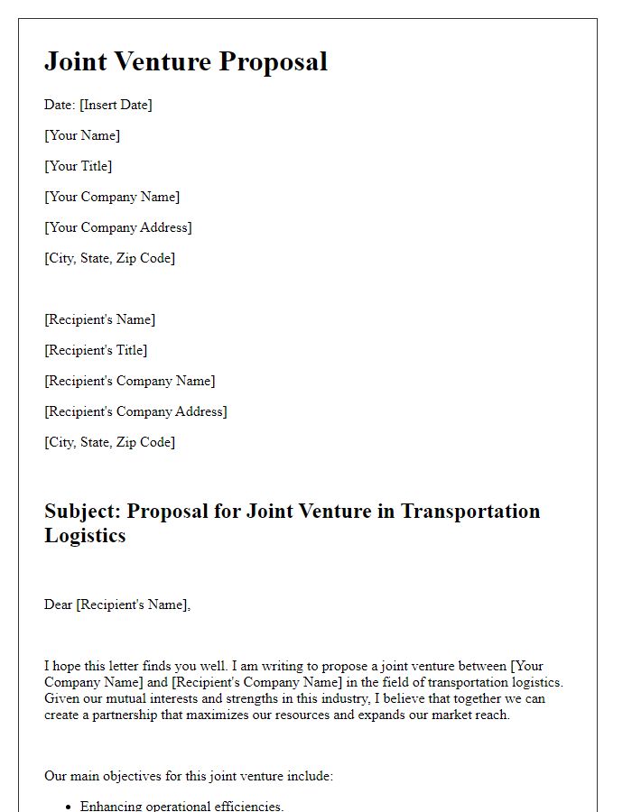 Letter template of joint venture proposal in transportation logistics