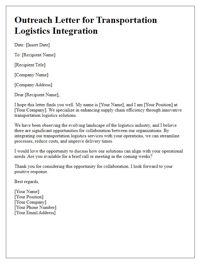 Letter template of outreach for transportation logistics integration