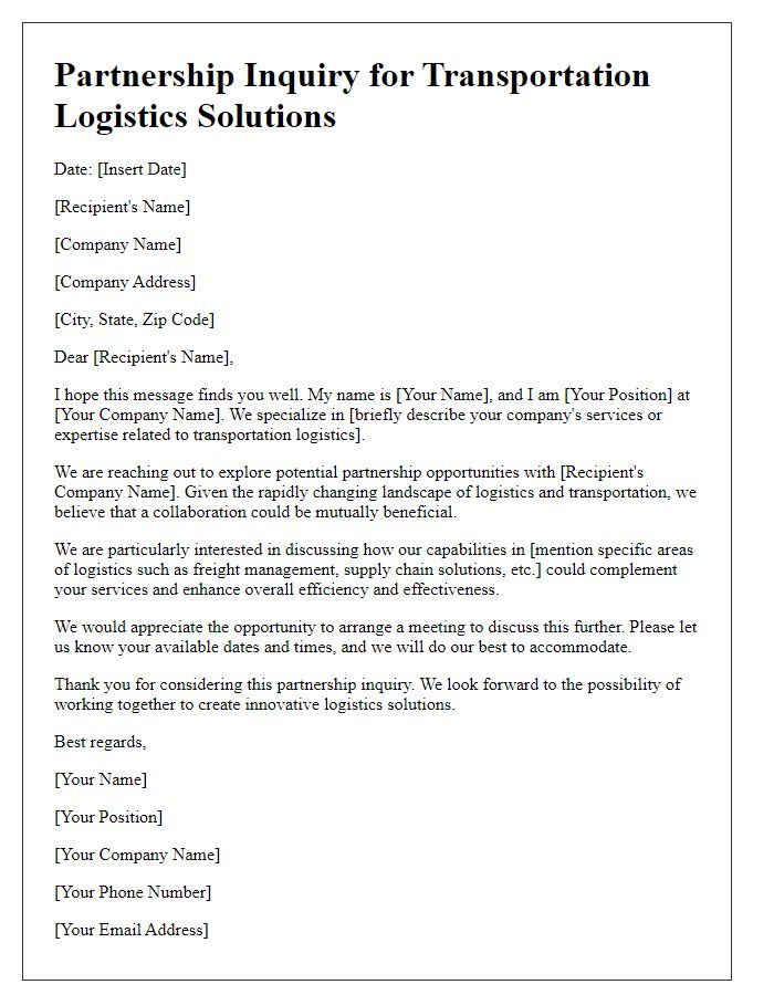 Letter template of partnership inquiry for transportation logistics solutions