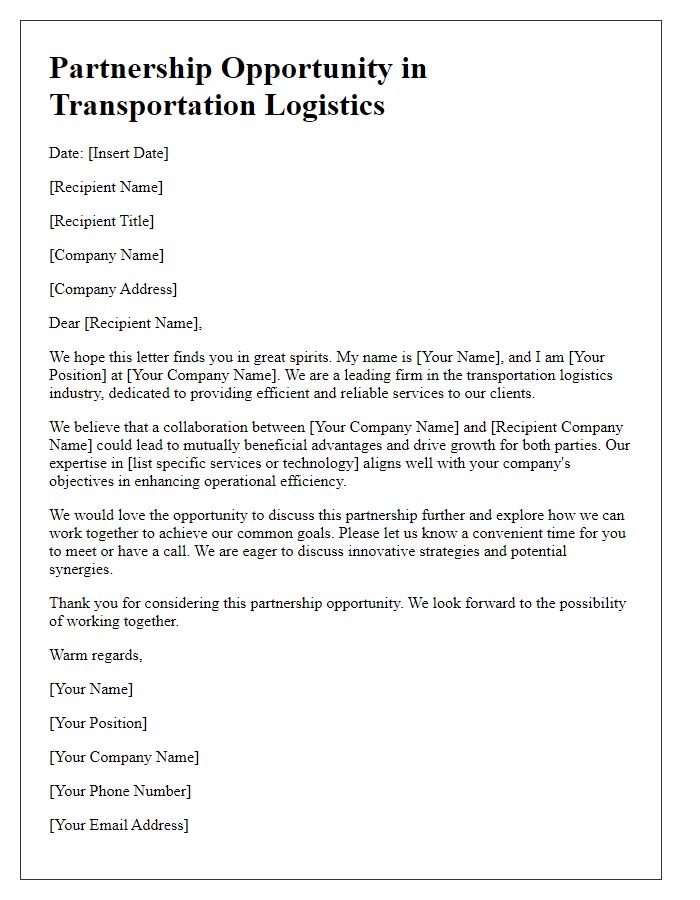 Letter template of partnership opportunity in transportation logistics