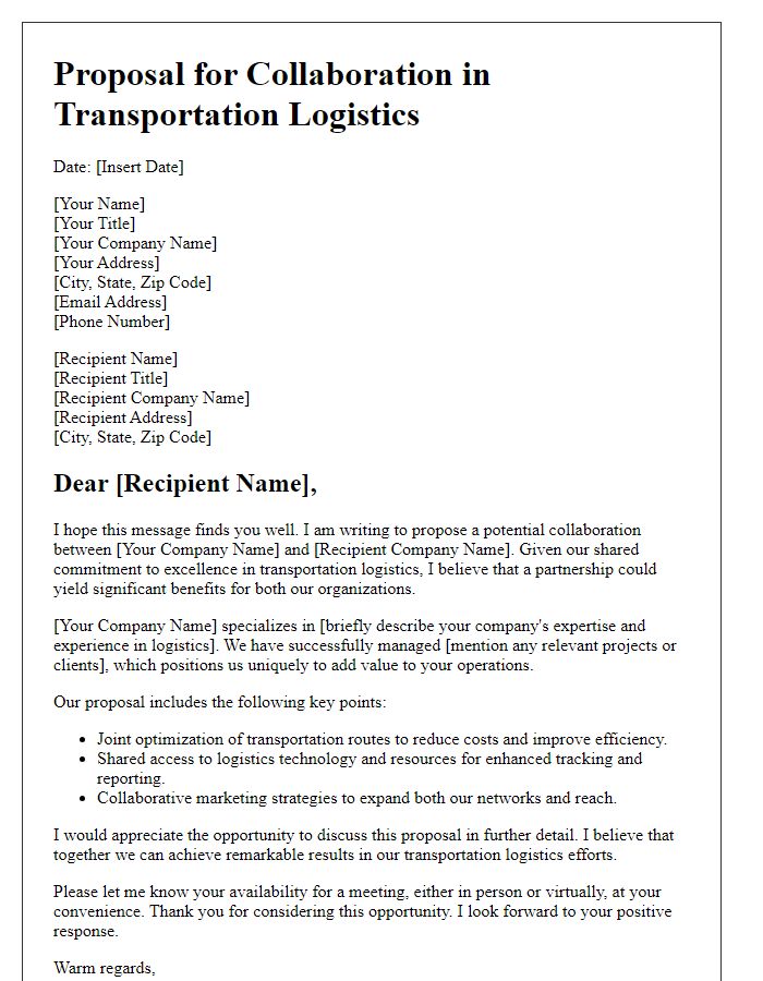 Letter template of proposal for transportation logistics collaboration