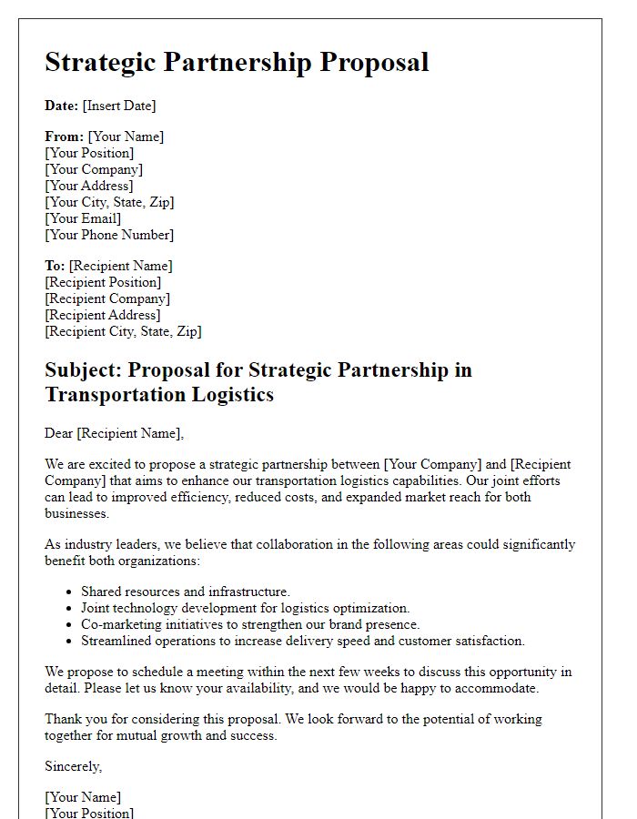 Letter template of strategic partnership in transportation logistics