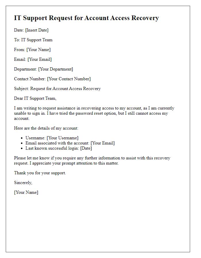 Letter template of IT support request for account access recovery.