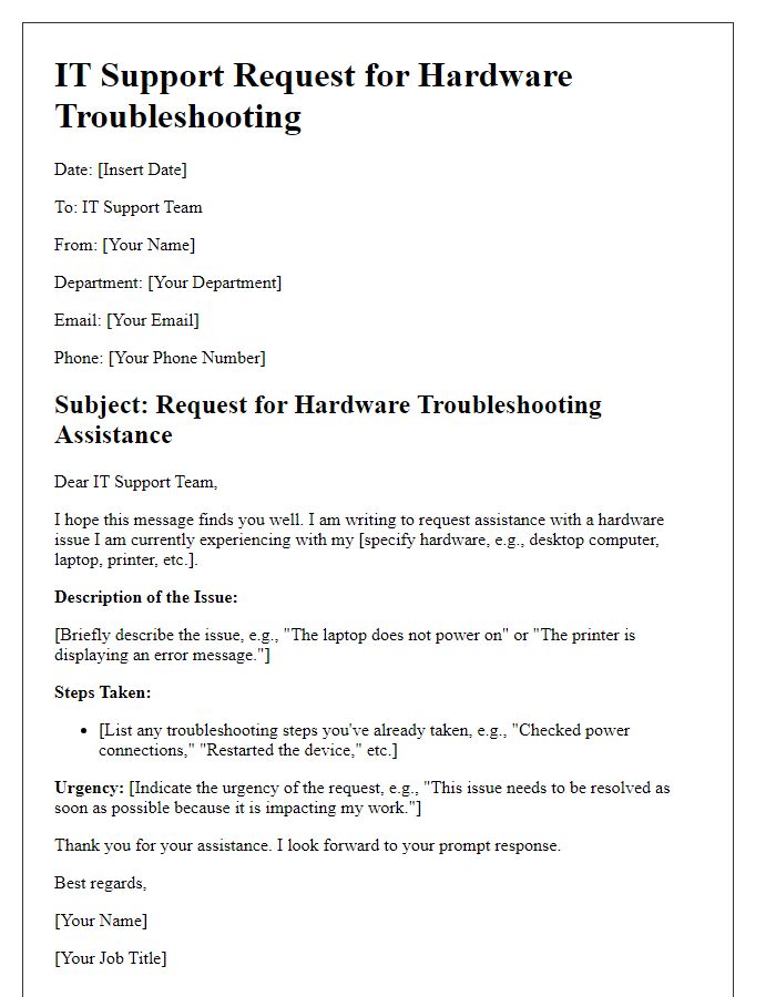 Letter template of IT support request for hardware troubleshooting.