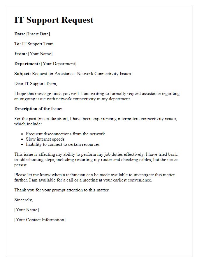 Letter template of IT support request for network connectivity issues.